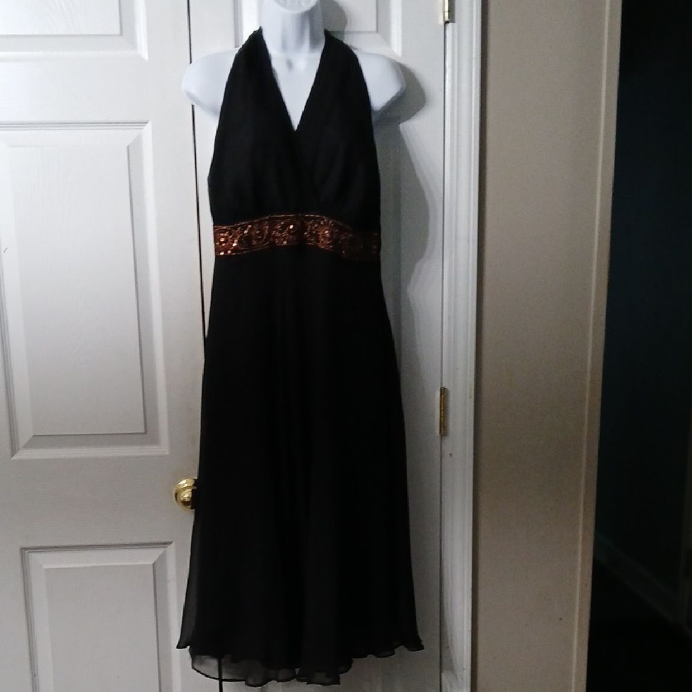 Signature by Robbie Bee black copper sequins 100% silk halter dress Sz 14W EUC